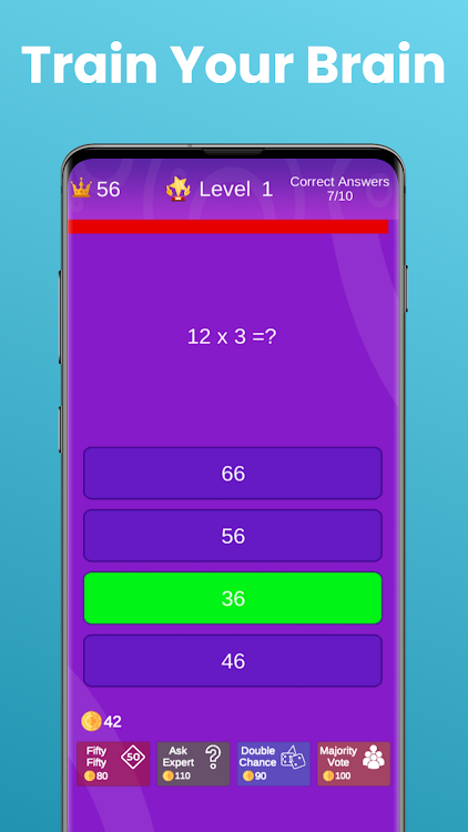 #1. Math Quiz: Brain Training Game (Android) By: Waneta Games